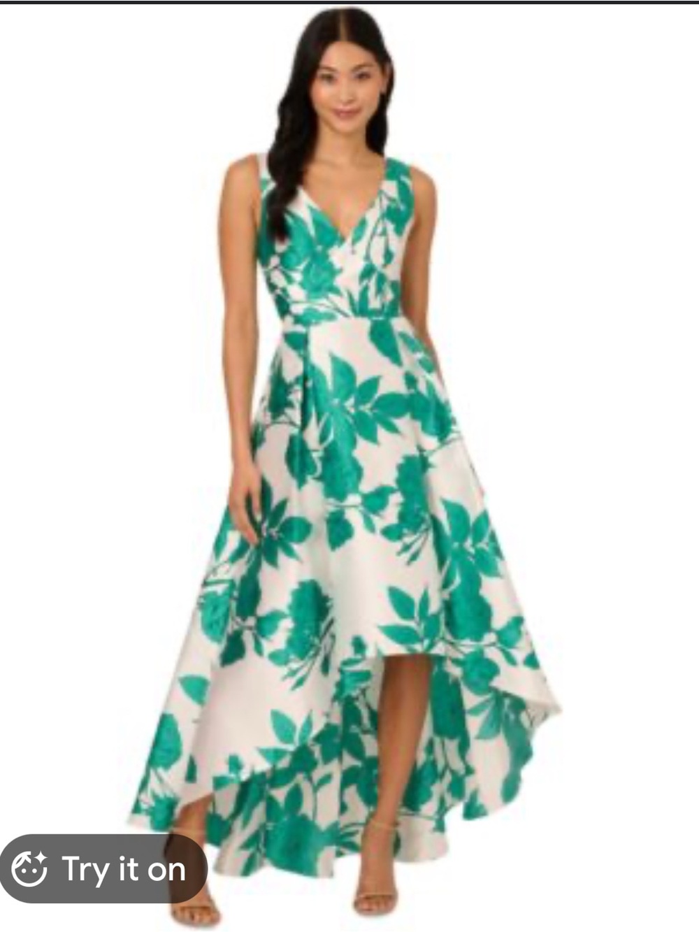 Adrianna Papell White Dress with Teal Floral High-Low Hem